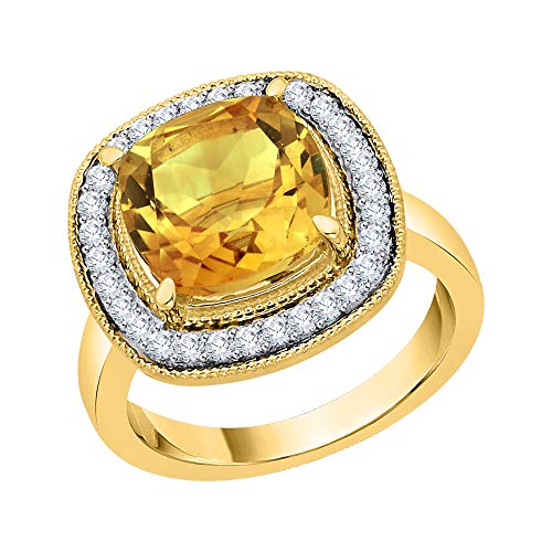 KATARINA Anillo de compromiso de citrino de talla cojín y diamantes en oro de 14 k (4 1/3 cttw, G-H, I2-I3)