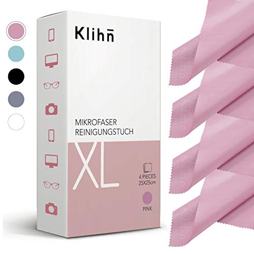 Klihn - Paños de microfibra XL (pack de 4 / 25 cm x 25 cm) en calidad óptica, también para pantallas y objetivos (paños de microfibra grandes de fibra especial fina, lavable) (rosa XL).