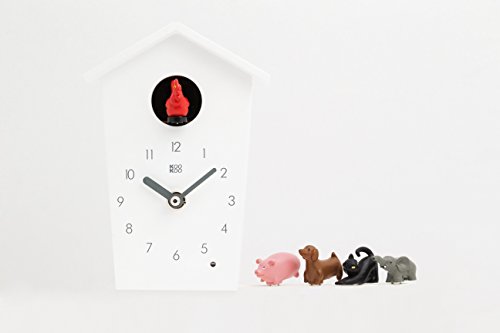 KOOKOO AnimalHouse blanco, pequeño reloj cuco de pared con sonidos de 5 animales de granja, grabaciónes naturales, cuco design moderno;