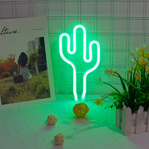 LED verde LED Cactus de neón Muestra de neón luminoso de la batería o alimentación USB pared de la luz de neón de la decoración de la lámpara de neón de la noche se enciende para regalos de niños de