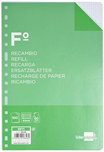 Liderpapel Recambio Folio 100 hojas, con margen 60G/M2 Cuadro 4MM, 16 taladros, RF11