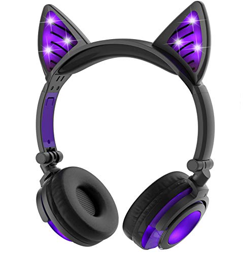 Limson Auriculares Bluetooth, Auriculares Plegable Recargables recargables de Orejas de gato Auriculares Parpadeantes de luz Intermitente de Cuerpo Entero para Niñas y Niños (Morado, 3.5 mm)