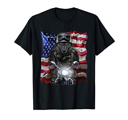 Lobo patriota en motocicleta con bandera de Estados Unidos Camiseta