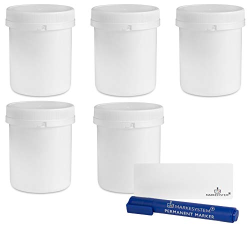 MARKESYSTEM - Tarro blanco 1 Litro (5 Tarros) con disco y precinto de seguridad - Contenedor de plástico con tapa de rosca - Envase uso Alimentario, Cosmético e Industrial + Kit etiquetado