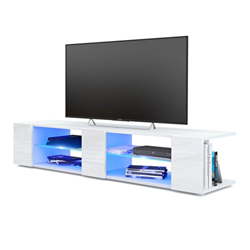 Mesa para TV Lowboard Movie V2, Cuerpo en Blanco Mate/Frentes en Blanco de Alto Brillo con iluminación LED en Azul