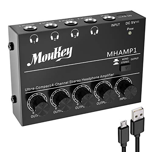 Moukey Audio Estéreo Amplificador de Auriculares Mini 4 Canales DC 5V con Adaptador de Corriente, Entrada/Salida TRS para Mezclador de Sonido MHAMP1