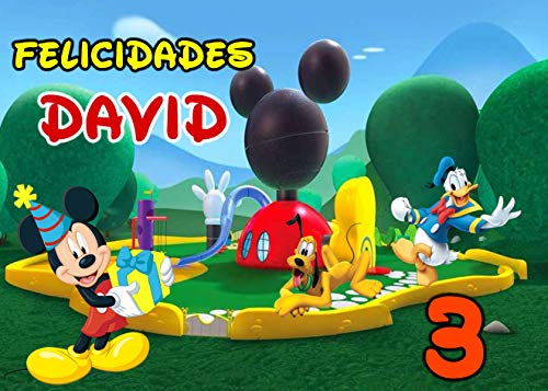 OBLEA de CASA DE Mickey Mouse Personalizada con Nombre y Edad para Pastel o Tarta, Especial para cumpleaños, Medida Rectangular de 28x20cm