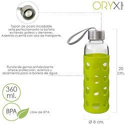 ORYX 5075050 Botella Agua de Cristal, Capacidad De 360 ML. Libre BPA, con Funda Goma y Tapon Antigotas, Vidrio, Plateado