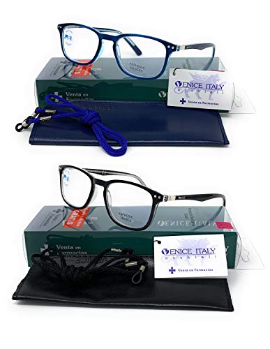 Pack 2ª unidad al 50% Gafas de lectura con filtro luz azul para gaming, ordenador, móvil. Anti fatiga profesional unisex venice (Pack 2 Azul + Negro, 1.50)