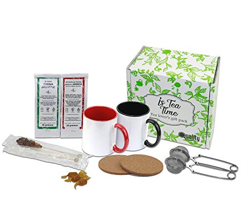 Pack Love Cup A (Is Tea Time) para Disfrutar y Regalar. Incluye: Infusiones (2x50 gramos), Tazas (2), Infusores (2), Posavasos de Corcho (2), Palitos de Azúcar (2)