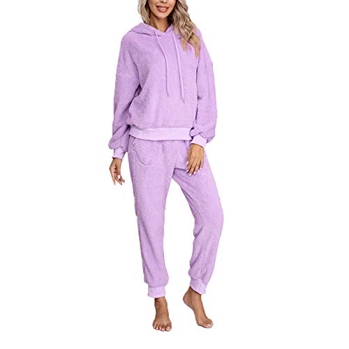 Pijama Mujer Invierno Ropa para Casa Forro Polar Conjunto de Pijama 2 Piezas para Mujer Sudadera de Felpa + Pantalones Largos Color Sólido (Lilas, L)