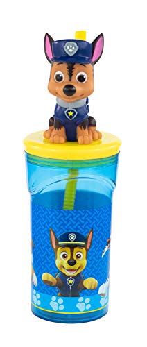 POS 29442 - Vaso con pajita y figura en 3D, diseño popular de la Patrulla Canina, capacidad aprox. 360 ml, de plástico sin BPA ni ftalatos, para niños y niñas