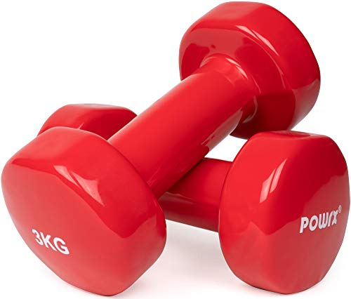 POWRX Mancuernas Vinilo 6 kg Set (2 x 3 kg) + PDF Workout (Rojo)