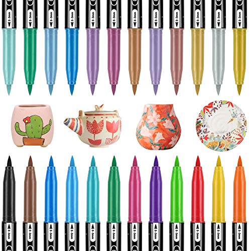 RATEL Juego de Pintura para Porcelana, 24 colores(12 clásicos+12 metálicos) impermeable permanente Pintura de Cerámica, bolígrafo de pintura de porcelana, para tazas, platos, cerámica