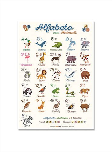 Readyprint Alfabeto de los animales, póster en italiano, educativo, divertido, para decoración de habitaciones y escuelas de infancia, antidesgarros, impermeable, medidas 30 x 42 cm
