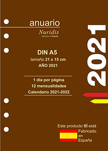 Recambio de agenda español. Año 2021. 1 día por página. DIN A5 (21 x 15 cm) con hojas extra