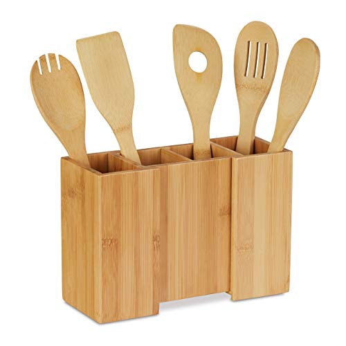 Relaxdays 10028817 Juego de utensilios de cocina, Bambú, Cinco cucharas, Extensible, 17 x 25 x 10 cm, 1 Set, Marrón