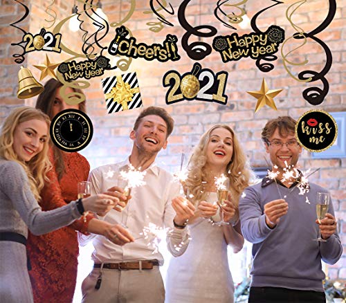 Sayala 30Ct 2021 Año Nuevo Colgante Swirls Garland con Celebration Card Negro & Oro, Feliz año Nuevo Fiesta Decoraciones Fiesta de año Nuevo