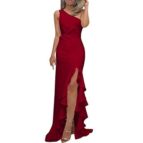 SHOBDW Vestidos Mujer Día De San Valentín Presente SóLido Un Hombro Vestido De Fiesta De Noche Formal Elegante con Pliegues Altos con Volantes De Hendidura Elegante Maxi Vestidos Largos(Rojo,M)