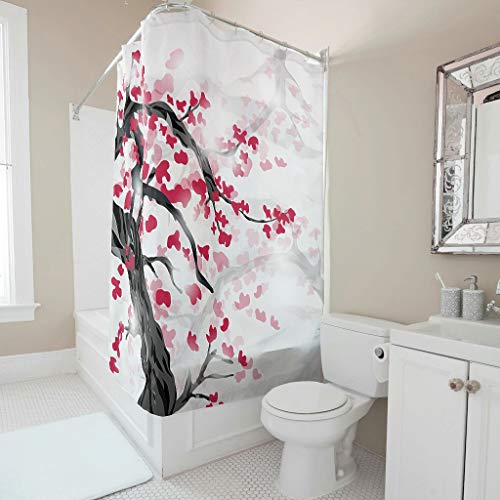 Sweet Luck Cortina de ducha japonesa con flores de cerezo, antimoho, resistente al agua, lavable, tela de poliéster textil, cortina de baño con ganchos para ducha, color blanco, 91 x 180 cm