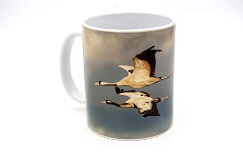 Taza de cerámica de 350 ml - Taza original - Fotografía en taza - Taza para el desayuno, te, cafe - Pájaros, mar, bosque, naturaleza (Grullas)