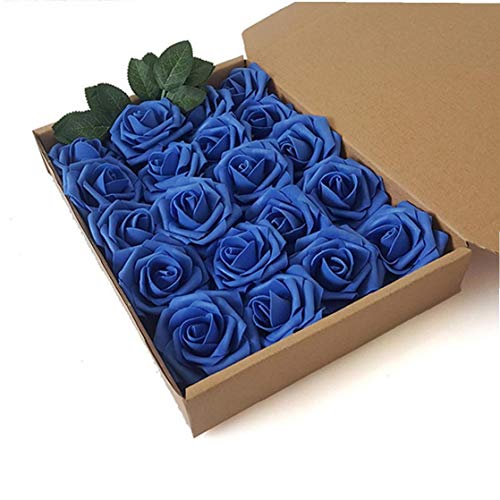tJexePYK 20pcs Flores Artificiales de Rose Azul de la Espuma Cabeza de Flor con Tallo En Rectángulo Falsos Rose Espuma Rosas para la Dama de Honor Ramos de Novia Disposición