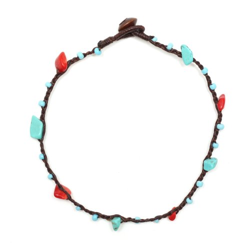 Tobillera Idin hecha a mano – cuerda de cera azul con cuentas color rojo, coral y turquesa hecho a mano.