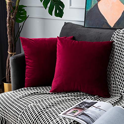 UPOPO Juego de 2 fundas de cojín de terciopelo, decorativas de un solo color, para sofá, dormitorio, salón, con cremallera, 55 x 55 cm, color rojo vino