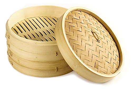 Vaporera de bambú para cocinar al vapor, cocedor 2 nivel con tapa, cesta de bambú, recipiente de bambú, oriental, cocer al vapor (25x14.5cm (2 pisos))