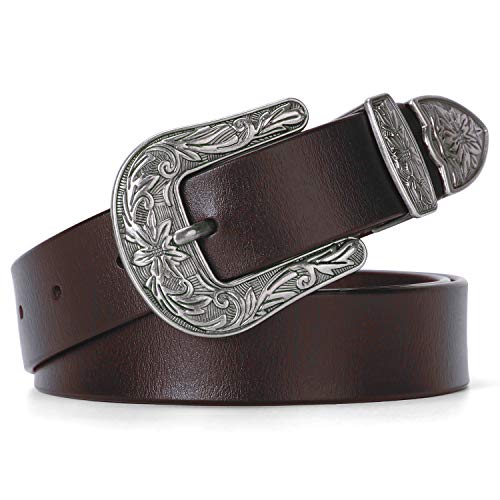 Viannchi Cinturón Mujer Cowboy – Cinturón de piel genuina con hebilla grabada - cinturon cuero moda vintage – Western – Country - Retro 110 CM (Marrón, M)