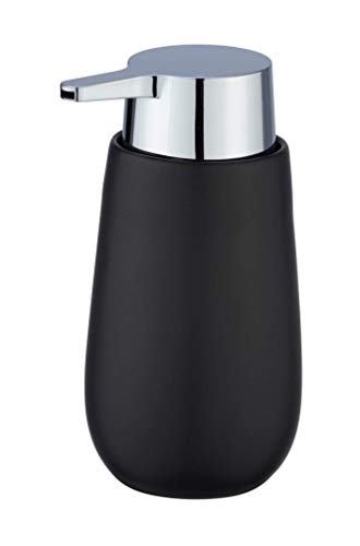 WENKO Dispensador de jabón Badi negro - Dispensador de jabón líquido Capacidad: 0.32 l, Cerámica, 9.5 x 16 x 8 cm, Negro
