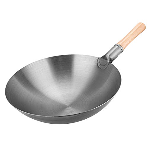 Wok de acero al carbono pre-sazonado, wok de hierro forjado a mano, wok profesional chino tradicional de acero al carbono martillado a mano con mango auxiliar de madera y acero de olmo premi