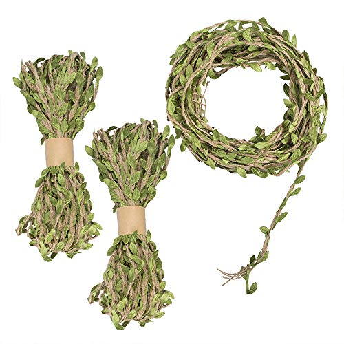 YuCool Cinta de hoja de arpillera de 5 mm, cuerda de yute natural para colgar en la pared con hojas verdes artificiales para decoración rústica, hogar, jardín, fiestas de selva y manualidades