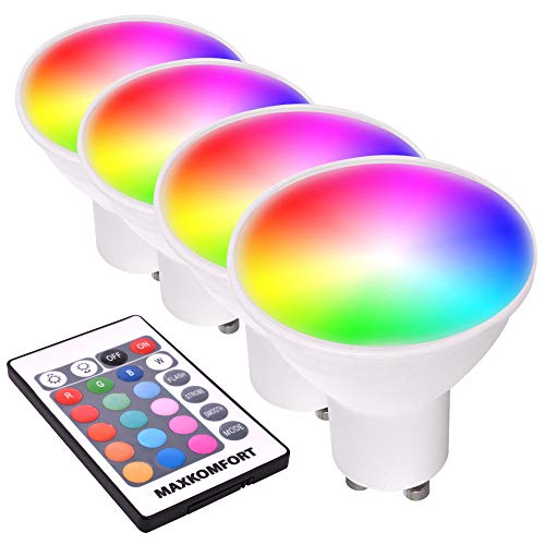 4 bombillas LED RGB GU10 4,5 W blanco cálido RGBW mando a distancia regulable + control de color mediante mando a distancia (4 bombillas GU10-5 W)
