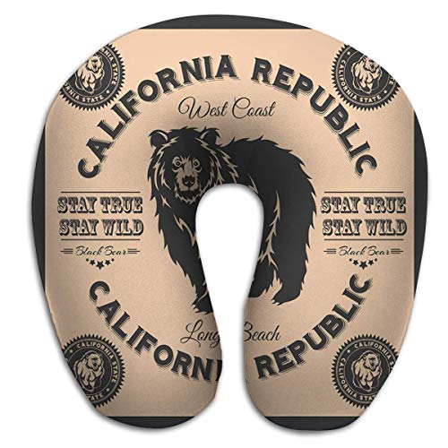 Almohada en Forma de U, Almohada de Descanso de Viaje para el Dolor de Cuello, Suave tipografía Vintage de la República de California con gráficos de impresión de Oso Grizzly PLW-287