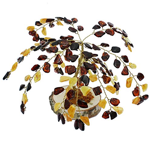 Árbol de madera de sauce - multicolor de ámbar Báltico (135 hojas de ámbar), hecho a mano y en caja de. Perfecto y regalo único!