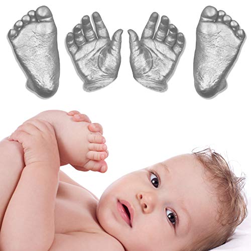 BabyRice Kit de fundición para bebé 3D (plata) – Crea un recuerdo de manos y pies recién nacidos | 500 g polvo de moldura de alginato, yeso de 800 g, pintura metálica, instrucciones fáciles de seguir