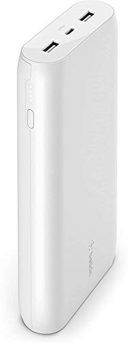 Belkin batería externa portátil 20K, cargador portátil con dos puertos USB, 20 000 mAh de capacidad, para iPhone 12, 12 Pro, 12 Pro Max, 12 mini y modelos anteriores, AirPods y otros, blanco