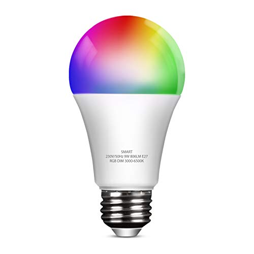 Bombilla LED Inteligente WiFi E27 Regulable Multicolor 9W 806 Lúmen, Lámpara Luces RGB 3000K-6500K, Compatible con Alexa y Google Home, 1 Unidad