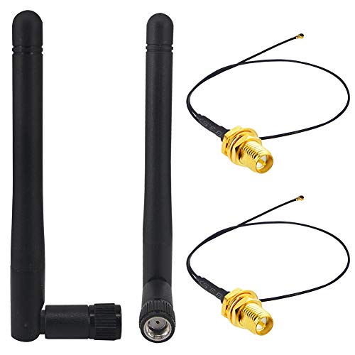 BOOBRIE 2 x 2,4 GHz 2Dbi Antena Wifi RP SMA Macho(agujero)de Señal Omnidireccional en la Banda B/G/ N + 2 x 25 cm Cable Wifi IPX IPEX MHF4 M.2 NGFF U.FL a RP SMA Hembra(Pin)Cable WiFi flexible 0,81 mm