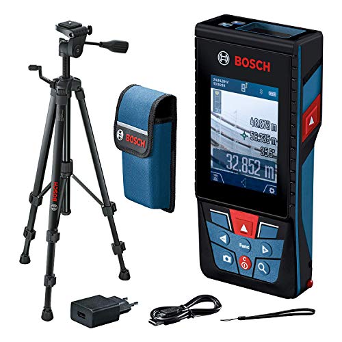 Bosch Professional Medidor láser de distancia GLM 120 C (cámara integrada, transmisión de datos Bluetooth, máxima distancia: 120 m, cable micro USB, correa de transporte, funda, trípode BT 150)