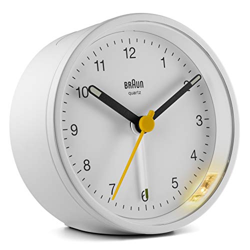 Braun BC-12-W Reloj despertador clásico analógico, alarma creciente, función snooze, luz de fondo, agujas luminosas, segundero amarillo de fácil lectura, color blanco