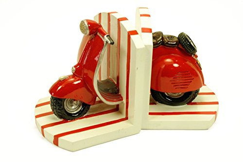 CAPRILO Figura Decorativa Infantil Sujetalibros Moto Vespa Roja Esculturas Resina. 2 x (12 x 12 x 14 cm.)