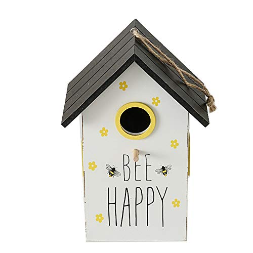 CasaJame Pajarera de madera para balcón y jardín, nido, casa para pájaros, casa para pájaros, pajarera, blanco con abejas, flores amarillas y texto BEE Happy 15 x 12 x 22 cm