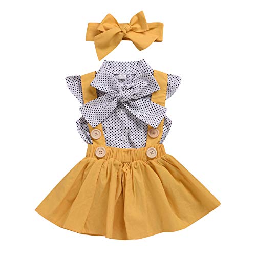 Conjunto de ropa de verano para bebé y niña, con mangas de lunares, falda con lazo y cinta para la frente. amarillo 3-4 Años