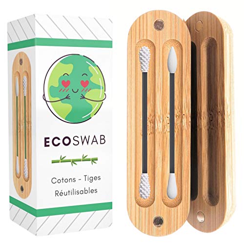 EcoSwab - Varilla de algodón reutilizable para las orejas, almohadillas lavables de silicona y caja de bambú orgánico, cero residuos, kit de 2 algas ecológicas para la oreja y maquillaje (negro)