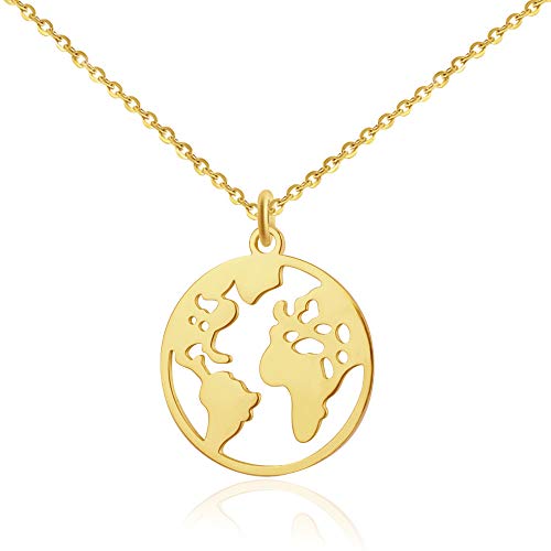 GD GOOD.designs EST. 2015 ® Collar con Colgante del Globo terráqueo en Plata, Oro u Oro Rosado para Mujeres, Cadena con Colgante del Mundo de 45 cm de Longitud (Oro)