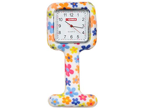 GIMA Ref. 20462 Reloj de Enfermeros de Silicona con imperdible, cuadrante Cuadrado de 35mm, Largo 85mm, Movimiento japonés, fantasía Flores, duración de la batería 18 Meses