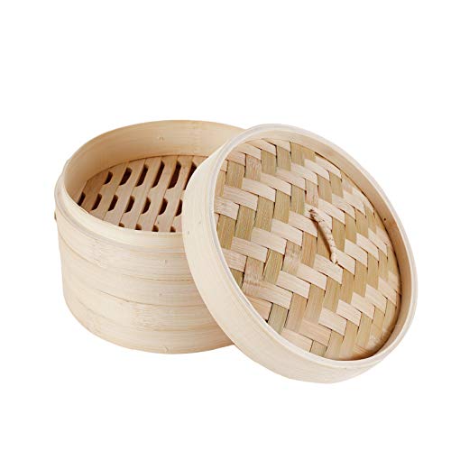 HANHAN Vaporera de bambú natural, cesta de cocción a vapor con 2 niveles con tapa, ideal para raviolis, verduras y tamaño sum (18 cm)
