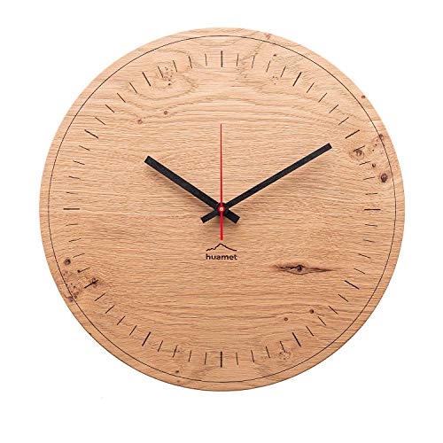 huamet. Reloj de pared de madera de roble con batería, redondo, diseño sencillo, silencioso sin tictac, producto de calidad fabricado en Tirol del Sur - CH80-A-1500